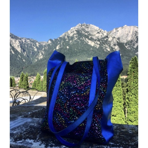 Electric Blue and Black Painted Print Natural Leather Shopper Bag