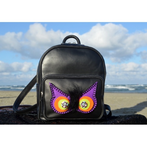 Felt Handmade Owl Eyes on Black Leather Backpack