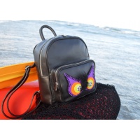 Felt Handmade Owl Eyes on Black Leather Backpack