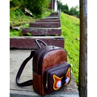 Felt Handmade Owl Eyes on Brown Leather Backpack