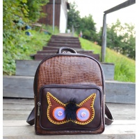 Felt Handmade Owl Eyes on Brown Leather Backpack