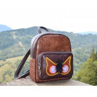 Felt Handmade Owl Eyes on Brown Leather Backpack