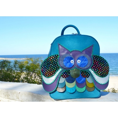 Handmade Leather Owl on Blue Suede and Blue Calf Leather Backpack