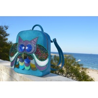 Handmade Leather Owl on Blue Suede and Blue Calf Leather Backpack