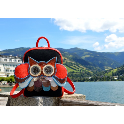 Handmade Owl on Black Suede and Red Leather Backpack