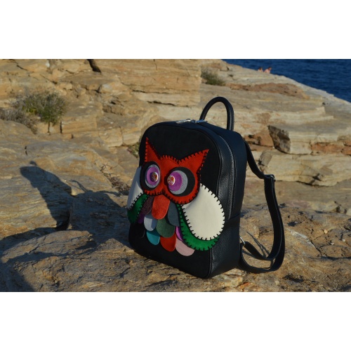 Handmade Owl on Black Suede Leather and Black Buffalo Leather Backpack
