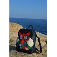 Handmade Owl on Black Suede Leather and Black Buffalo Leather Backpack