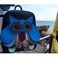 Handmade Owl on Navy Blue Leather Backpack