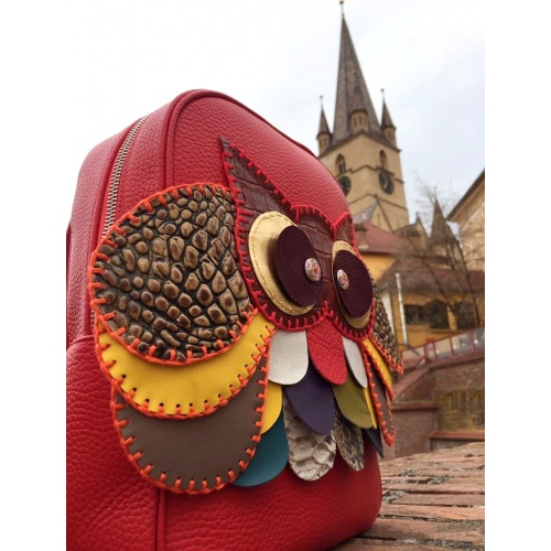 Handmade Owl on Red Leather Backpack