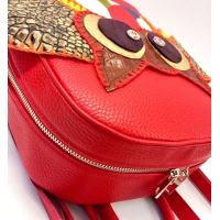 Handmade Owl on Red Leather Backpack