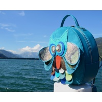 Handmade Unique Owl on Turquoise Leather Round Backpack