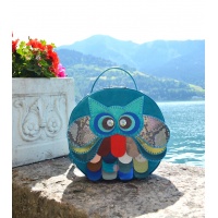 Handmade Unique Owl on Turquoise Leather Round Backpack