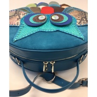 Handmade Unique Owl on Turquoise Leather Round Backpack