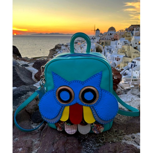 Handmade Owl on Turquoise Leather Backpack