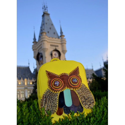 Handmade Owl on Yellow Calf Leather Backpack