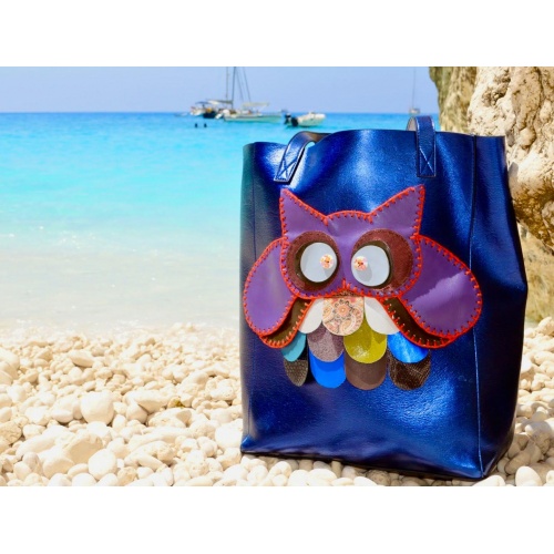Handmade Leather Owl on Electric Blue Leather