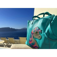 Handpainted Unicorn on Turquoise Leather Handsewn Shopper Bag