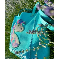 Handpainted Unicorn on Turquoise Leather Handsewn Shopper Bag