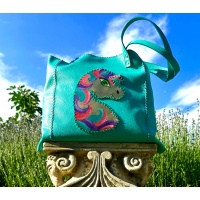 Handpainted Unicorn on Turquoise Leather Handsewn Shopper Bag