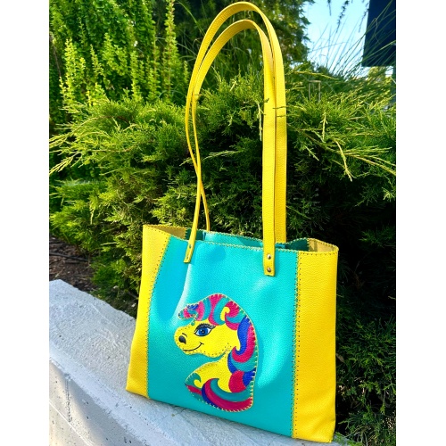Handpainted Unicorn on Yellow and Turquoise Leather Handsewn Shopper Bag