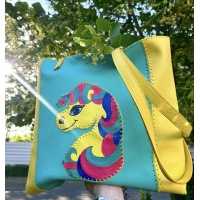 Handpainted Unicorn on Yellow and Turquoise Leather Handsewn Shopper Bag