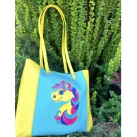 Handpainted Unicorn on Yellow and Turquoise Leather Handsewn Shopper Bag